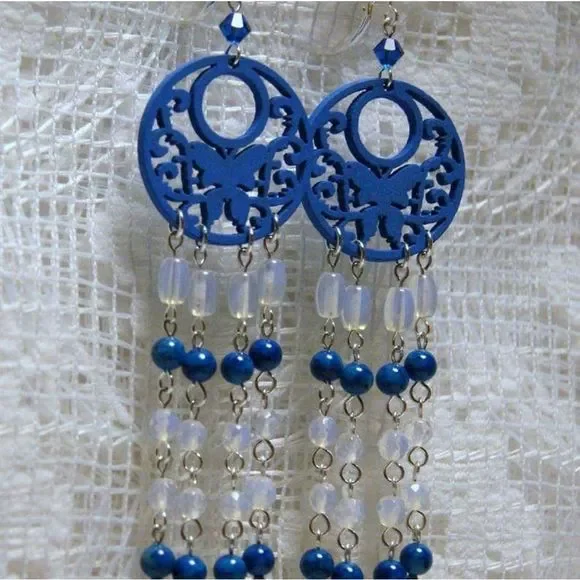 Handmade Blue Wooden Butterflies, Opalite, & Fossil Stone Chandelier Earrings - Picture 5 of 5